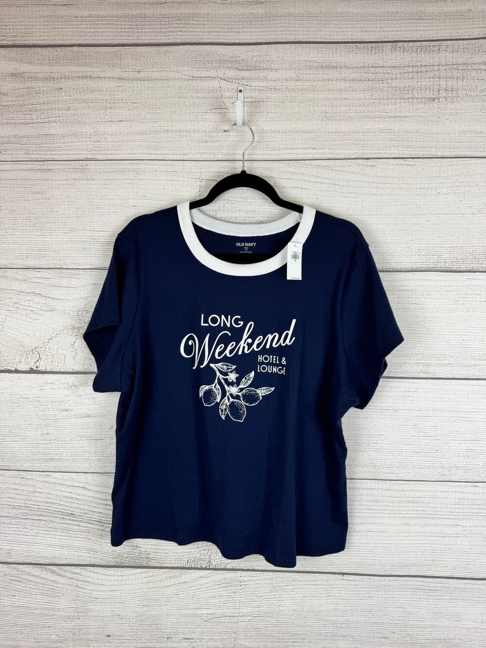 Old Navy Plus Size Blue & White Summer Graphic Ribbed Snug Fit Tee Size 3X
